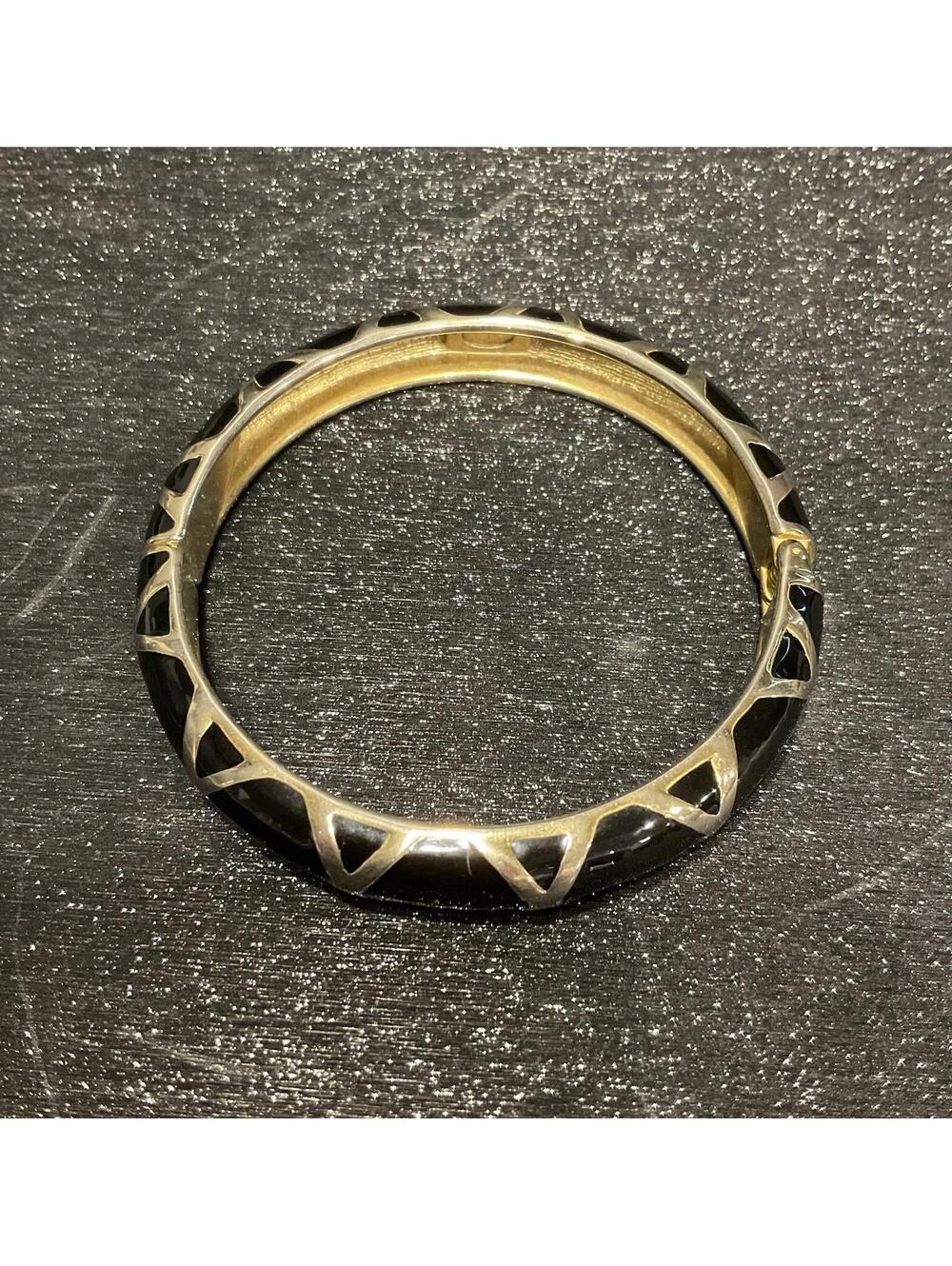 Black Hinge Bangle Bracelet With Gold Tone Accents Costume Jewelry
